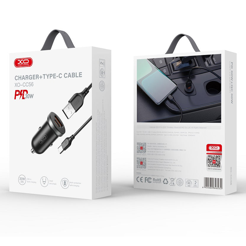 Car Charger with USB-C Cable XO Design CC56, 30W, 3A, 1 x USB-A - 1 x USB-C, Black