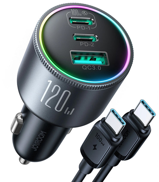 Car Charger with USB-C Cable Joyroom JR-CCN07, 120W, 5A, 1 x USB-A - 2 x USB-C, Black 