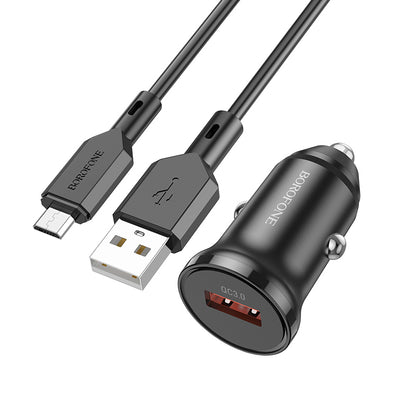 Auto-oplader met microUSB-kabel Borofone BZ18, 18W, 3A, 1 x USB-A, Zwart