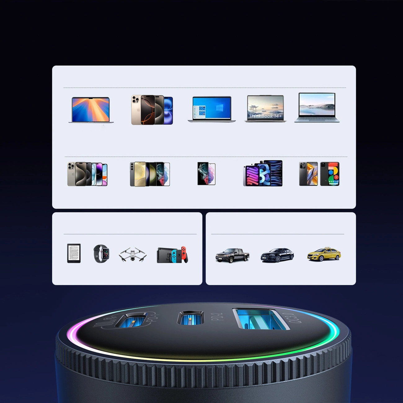 Autolader met USB-C Kabel Joyroom JR-CCN07, 145W, 5A, 1 x USB-A - 2 x USB-C, Gri