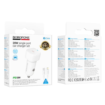 Autolader met Lightning-kabel Borofone BZ34B Cloud, 20W, 3A, 1 x USB-A - 1 x USB-C, Wit