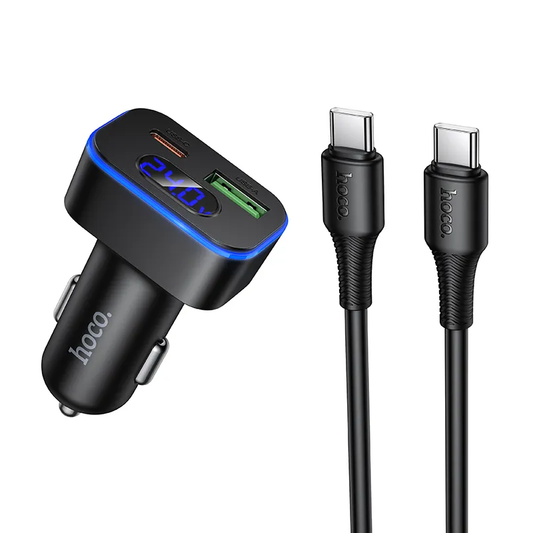 Auto-oplader met USB-C kabel HOCO Z63B Display, 48W, 3A, 1 x USB-A - 1 x USB-C, Zwart