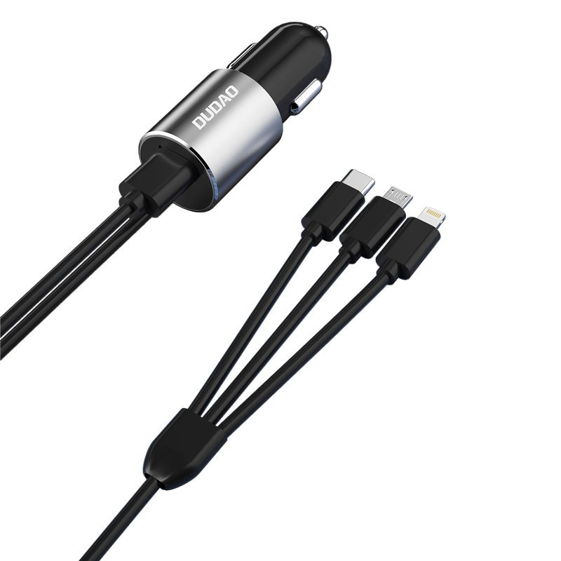 Autolader met Lightning / microUSB / USB-C-kabel Dudao R5ProN, 17W, 3.4A, 1 x USB-A, Zwart