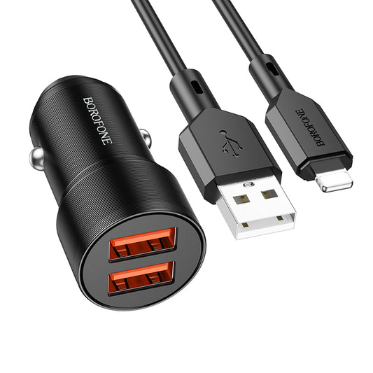 Autolader met Lightning-kabel Borofone BZ19 Wisdom, 12W, 2,4A, 2 x USB-A, Zwart 