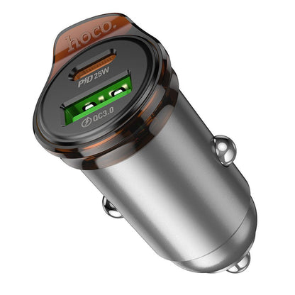 Auto-oplader met Lightning-kabel HOCO NZ16A, 43W, 3A, 1 x USB-A - 1 x USB-C, Gri
