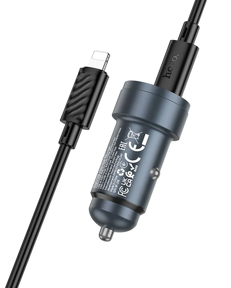 Auto-oplader met Lightning-kabel HOCO Z57A, 30W, 3A, 1 x USB-A - 1 x USB-C, Gri