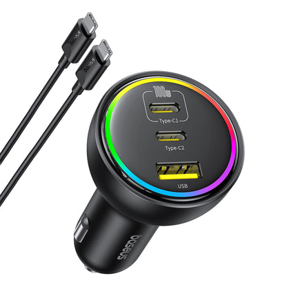 Auto-oplader met USB-C kabel Baseus, 152.5W, 5A, 1 x USB-A - 2 x USB-C, Zwart C00036101111-00