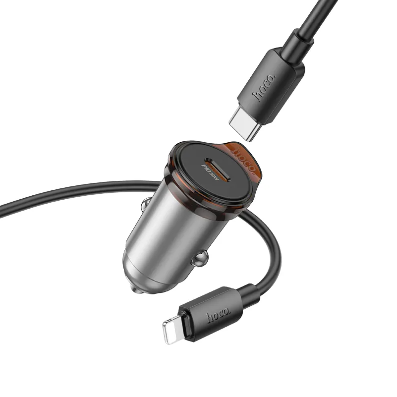 Auto-oplader met Lightning-kabel HOCO NZ16, 30W, 3A, 1 x USB-C, Gri
