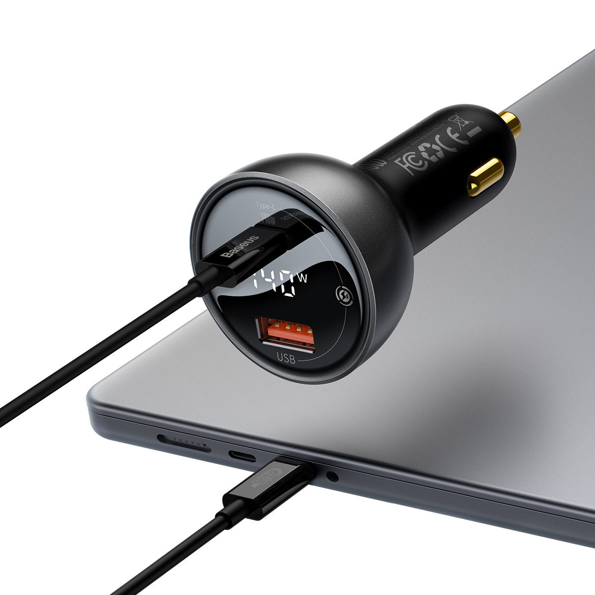 Auto-oplader met USB-C kabel Baseus, 140W, 5A, 1 x USB-A - 1 x USB-C, Zwart, Opnieuw verzegeld CGZX070001
