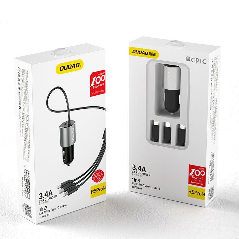 Autolader met Lightning / microUSB / USB-C-kabel Dudao R5ProN, 17W, 3.4A, 1 x USB-A, Zwart