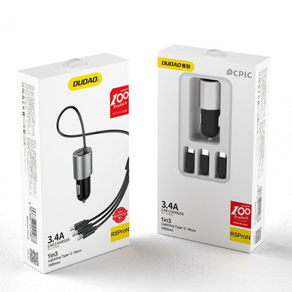 Autolader met Lightning / microUSB / USB-C-kabel Dudao R5ProN, 17W, 3.4A, 1 x USB-A, Zwart