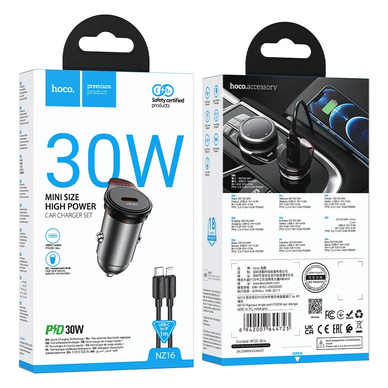 Auto-oplader met Lightning-kabel HOCO NZ16, 30W, 3A, 1 x USB-C, Gri