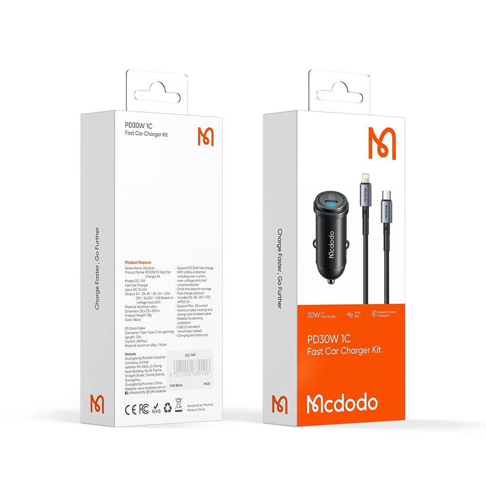 Auto-oplader met Lightning-kabel McDodo CC-7492 Obsidian, 30W, 3A, 1 x USB-C, Zwart