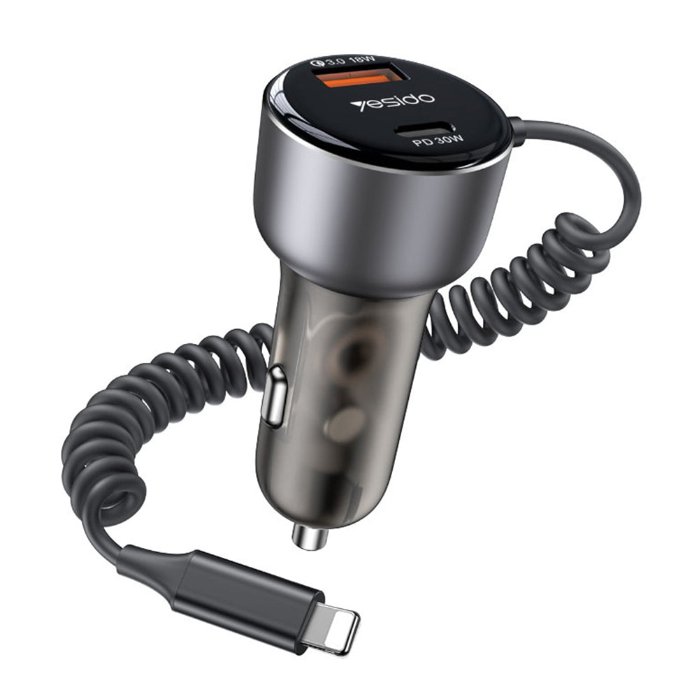 Autolader met Lightning Kabel Yesido Y57, 50W, 3A, 1 x USB-A - 1 x USB-C, Zwart