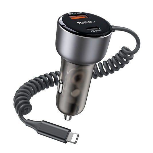 Autolader met Lightning Kabel Yesido Y57, 50W, 3A, 1 x USB-A - 1 x USB-C, Zwart