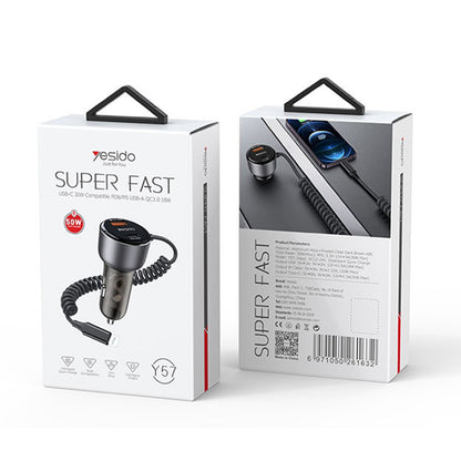 Autolader met Lightning Kabel Yesido Y57, 50W, 3A, 1 x USB-A - 1 x USB-C, Zwart