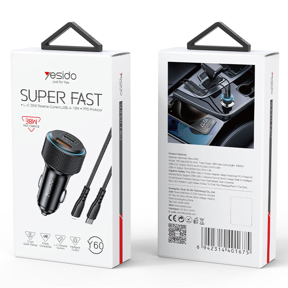 Autolader met Lightning Kabel Yesido Y60, 38W, 3A, 1 x USB-A - 2 x USB-C, Zwart