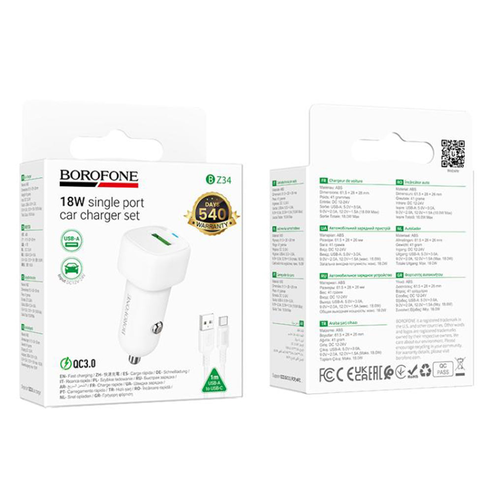 Auto-oplader met USB-C Kabel Borofone BZ34 Cloud, 18W, 3A, 1 x USB-A, Wit