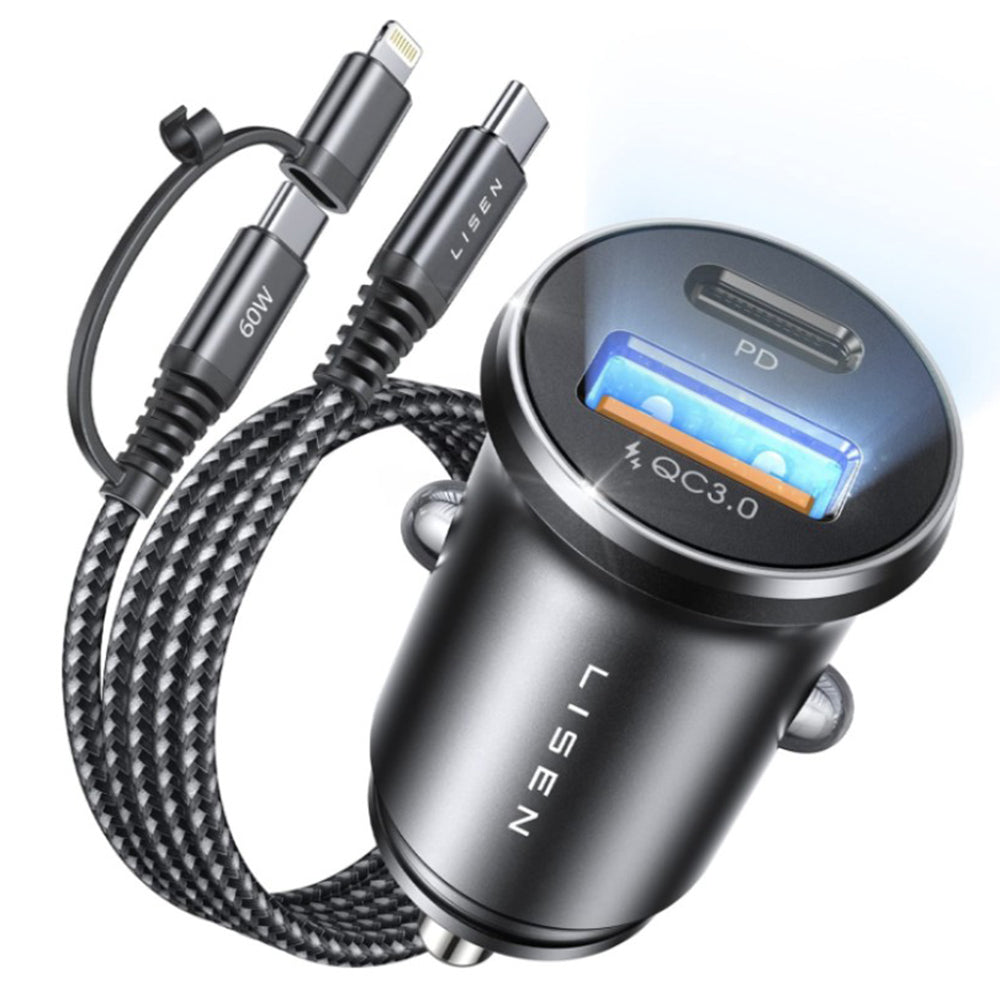 Auto-oplader met USB-C / Lightning Lisen-kabel, 48W, 3A, 1 x USB-A - 1 x USB-C, Zwart YL0223080035
