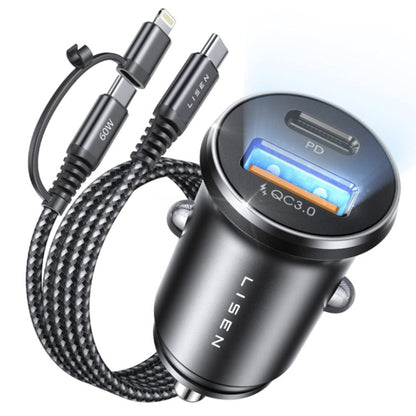 Auto-oplader met USB-C / Lightning Lisen-kabel, 48W, 3A, 1 x USB-A - 1 x USB-C, Zwart YL0223080035