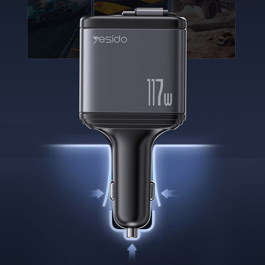 Autolader met USB-C / Lightning Yesido Y63 Display, 117W, 3A, 1 x USB-A - 1 x USB-C, Grijs