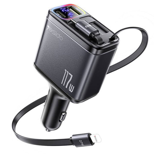 Autolader met USB-C / Lightning Yesido Y63 Display, 117W, 3A, 1 x USB-A - 1 x USB-C, Grijs