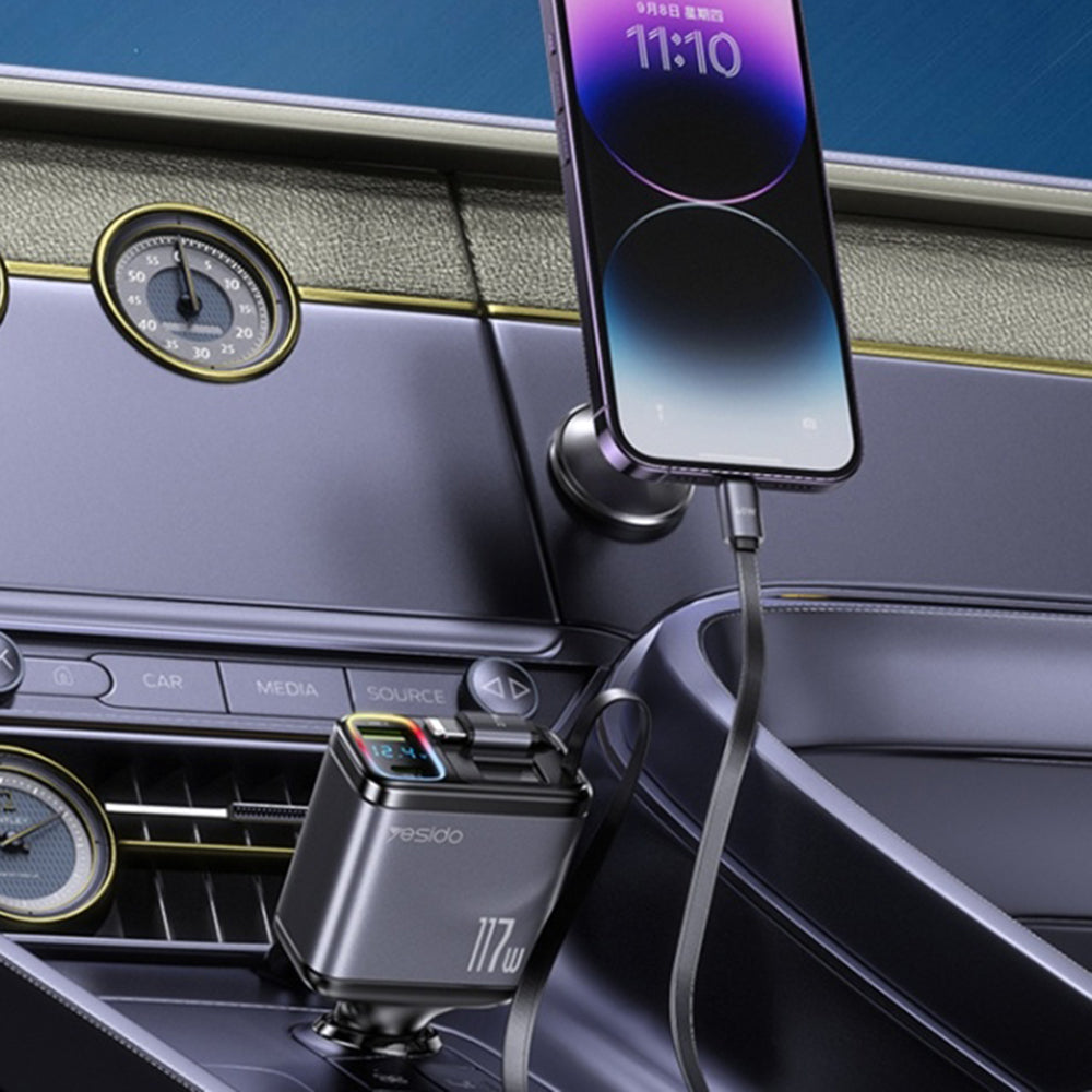 Autolader met USB-C / Lightning Yesido Y63 Display, 117W, 3A, 1 x USB-A - 1 x USB-C, Grijs