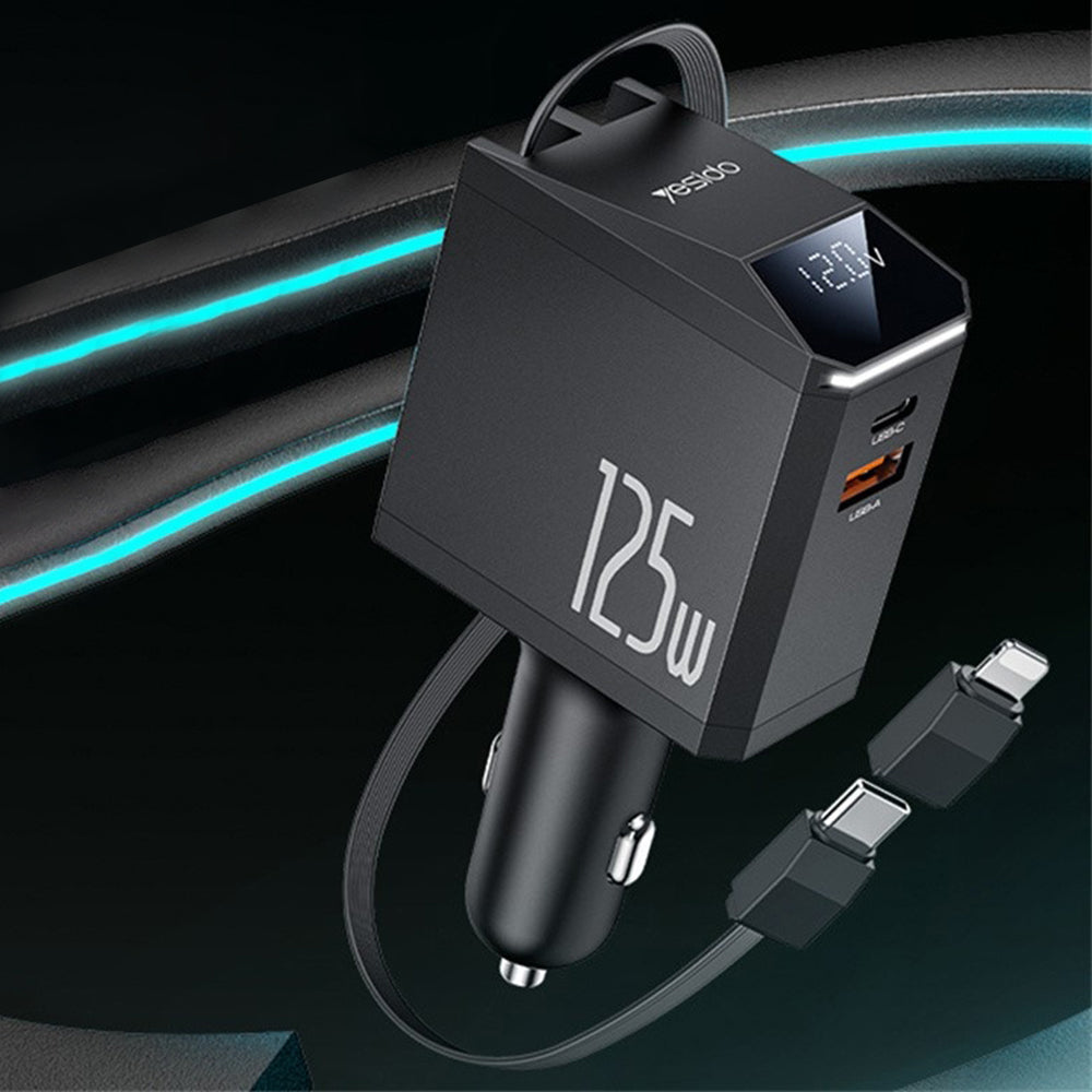 Autolader met USB-C / Lightning-kabel Yesido Y71 Display, 125W, 3A, 1 x USB-A - 1 x USB-C, Zwart