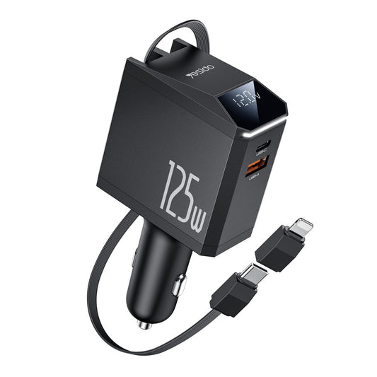 Autolader met USB-C / Lightning-kabel Yesido Y71 Display, 125W, 3A, 1 x USB-A - 1 x USB-C, Zwart