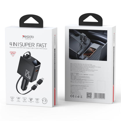 Autolader met USB-C / Lightning-kabel Yesido Y71 Display, 125W, 3A, 1 x USB-A - 1 x USB-C, Zwart