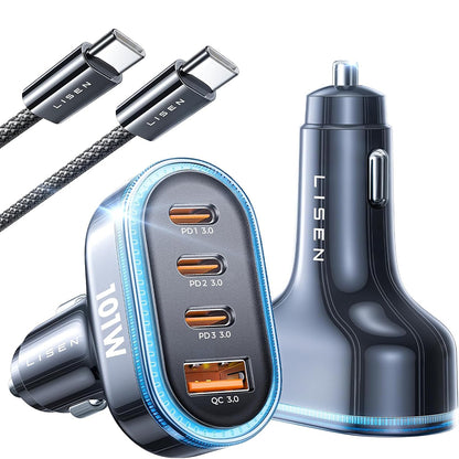 Lisen Car Charger with USB-C Cable, 101W, 3.25A, 1 x USB-A - 3 x USB-C, Black YL0223120021