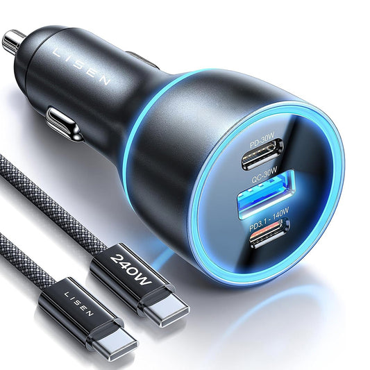 Auto-oplader met USB-C kabel Lisen, 170W, 5A, 1 x USB-A - 2 x USB-C, Zwart YL0225060006