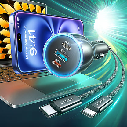 Auto-oplader met USB-C kabel Lisen, 170W, 5A, 1 x USB-A - 2 x USB-C, Zwart YL0225060006