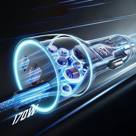 Auto-oplader met USB-C kabel Lisen, 170W, 5A, 1 x USB-A - 2 x USB-C, Zwart YL0225060006