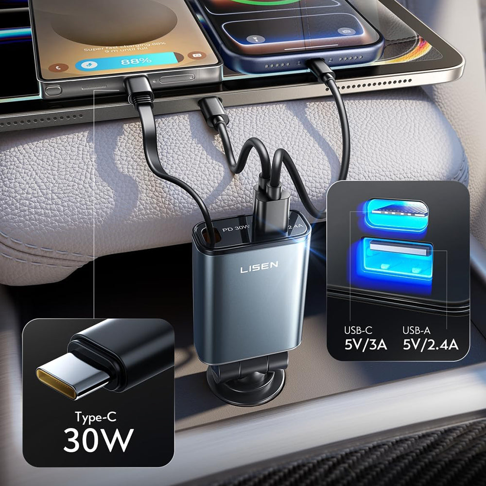 Auto-oplader met USB-C Kabel Lisen, 57W, 3A, 1 x USB-A - 1 x USB-C, Zwart YL0325010016