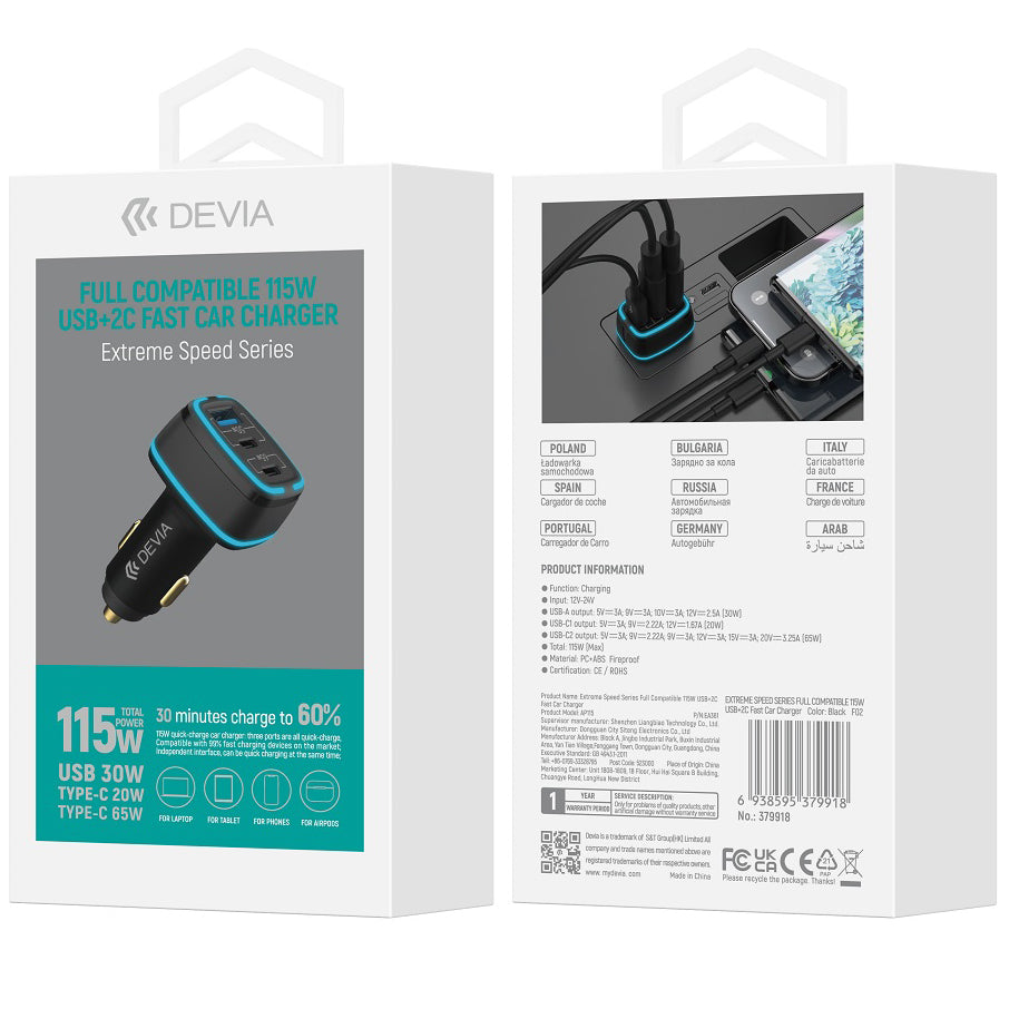 Autolader DEVIA Extreme, 115W, 3A, 1 x USB-A - 2 x USB-C, Zwart 