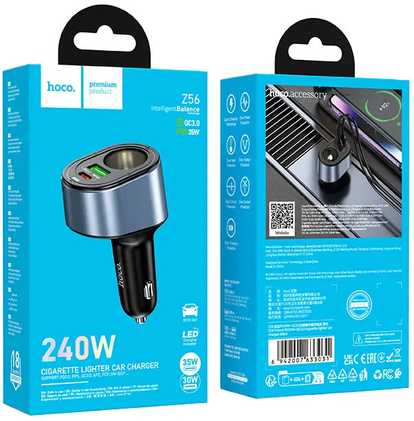 Auto-oplader HOCO Z56, 35W, 3A, 1 x USB-A - 1 x USB-C - 1 x Sigarettenaanstekeruitbreiding, Zwart