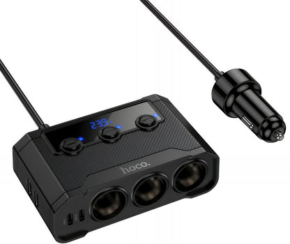 Auto-oplader HOCO Z64, 15.5W, 3.1A, 2 x USB-A - 2 x USB-C - 3 x Sigarettenaanstekeruitbreiding, Zwart