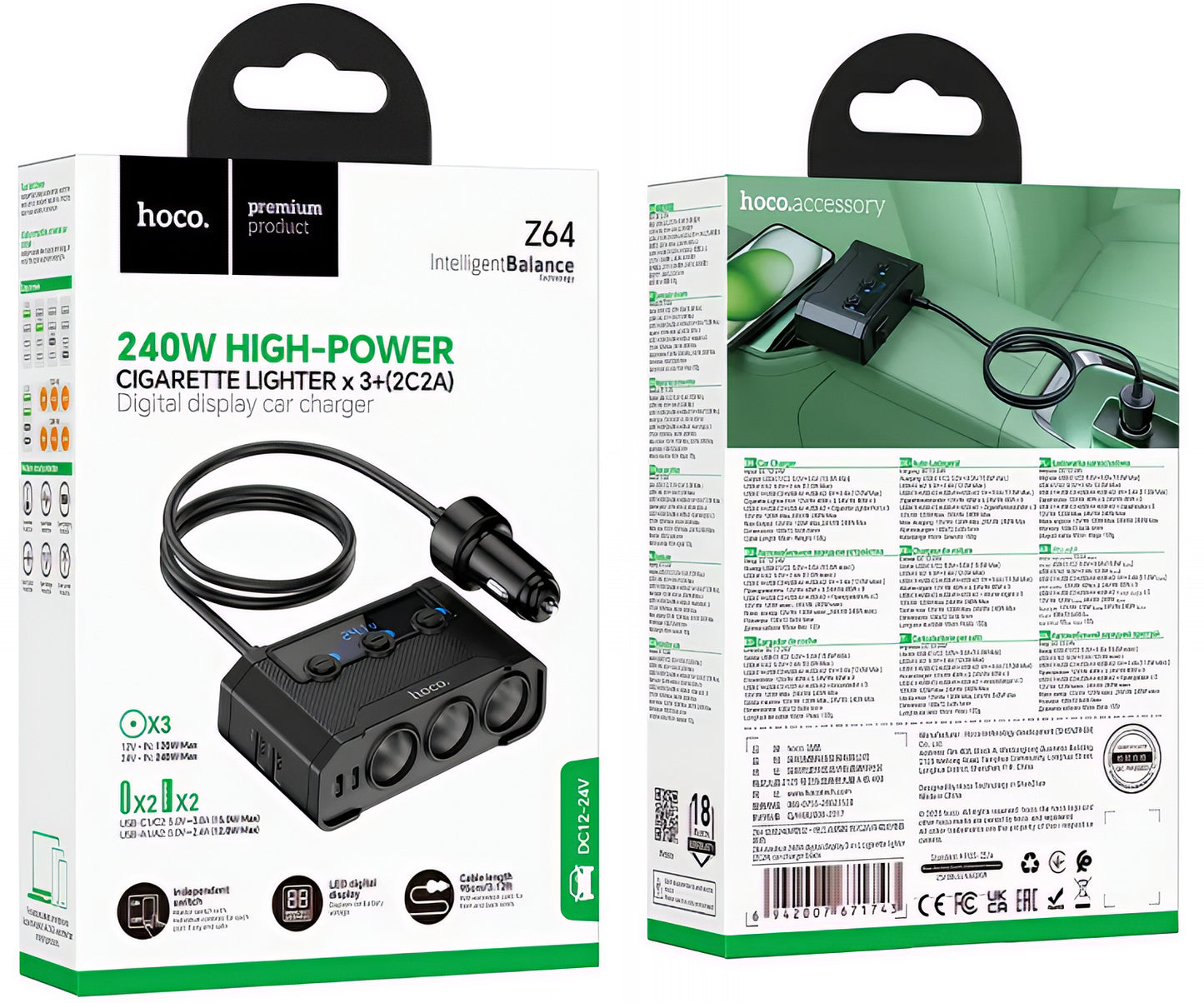 Auto-oplader HOCO Z64, 15.5W, 3.1A, 2 x USB-A - 2 x USB-C - 3 x Sigarettenaanstekeruitbreiding, Zwart