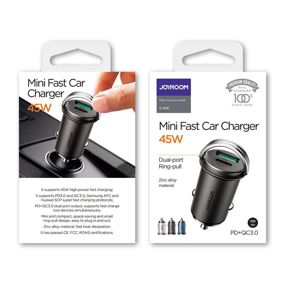 Auto-oplader Joyroom C-A35, 45W, 5A, 1 x USB-A - 1 x USB-C, Gri