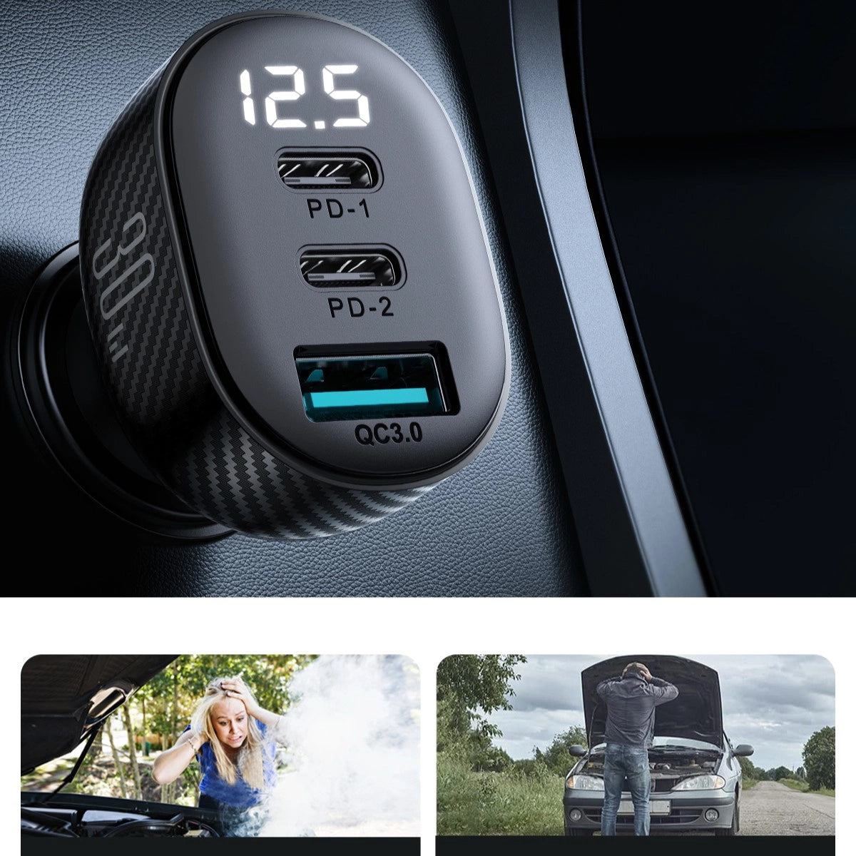 Auto-oplader Joyroom JR-CCD04, 30W, 3A, 1 x USB-A - 2 x USB-C, Zwart