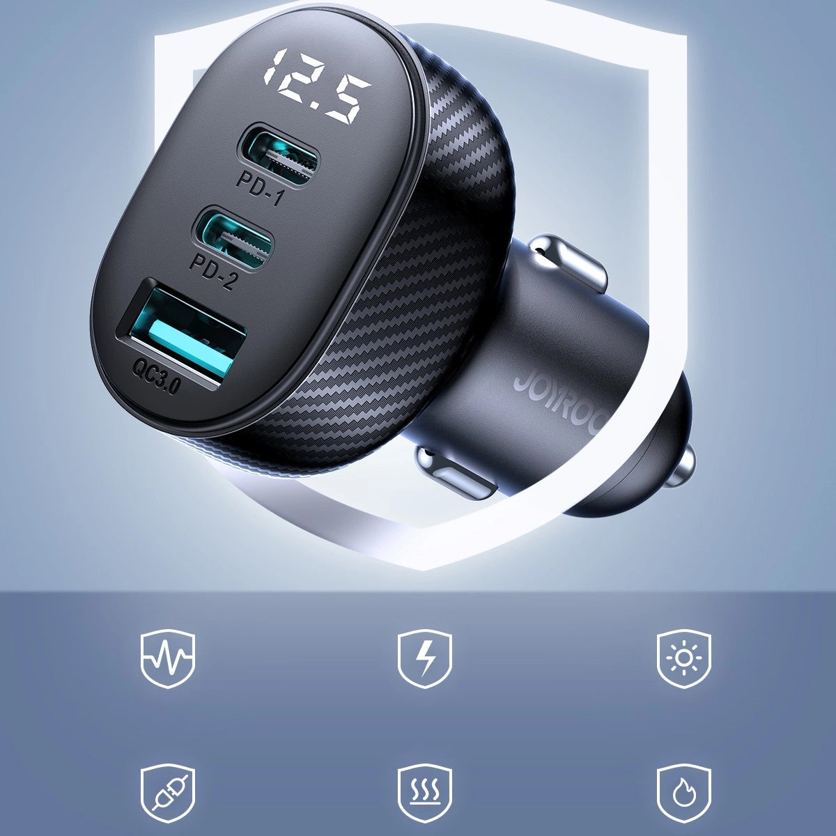Auto-oplader Joyroom JR-CCD04, 30W, 3A, 1 x USB-A - 2 x USB-C, Zwart