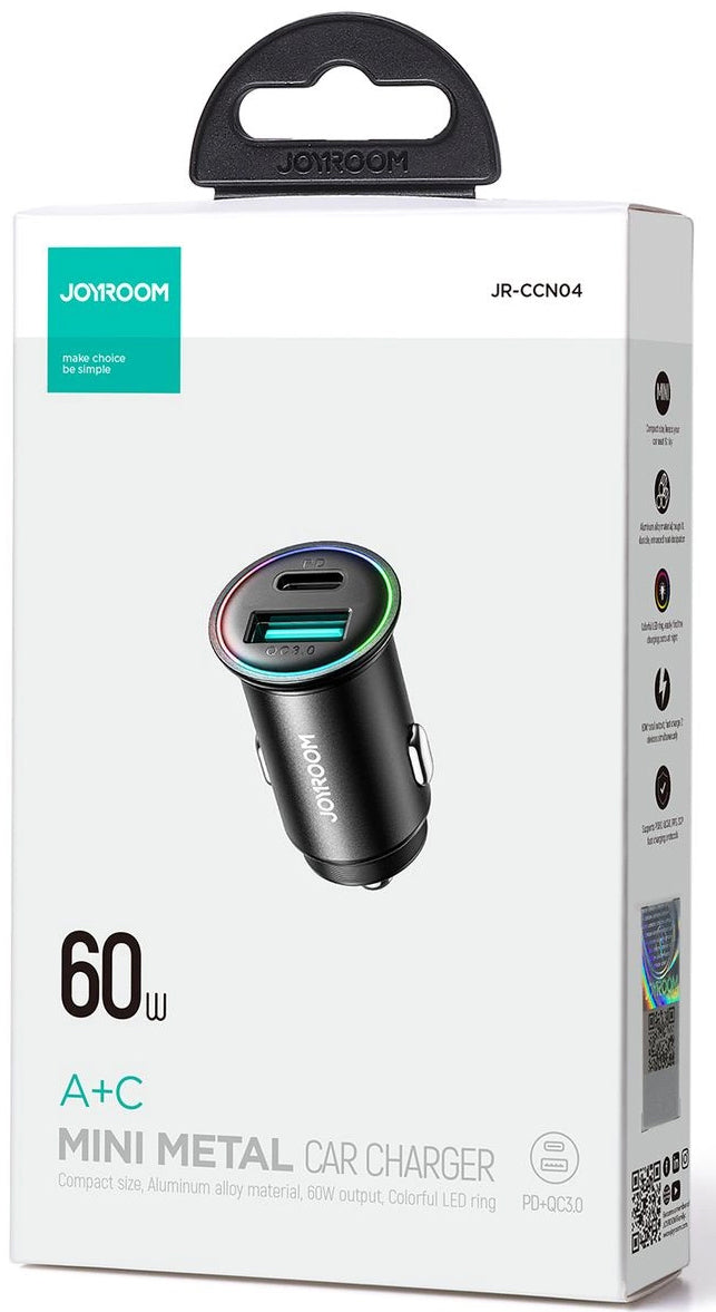 Auto-oplader Joyroom JR-CCN04, 60W, 3A, 1 x USB-A - 1 x USB-C, Zwart