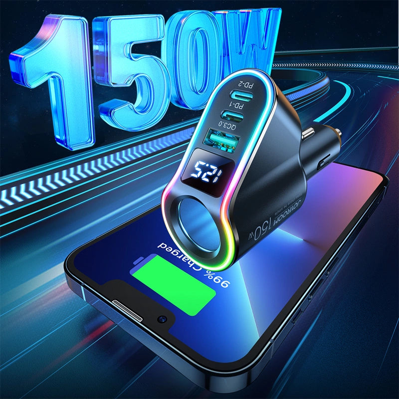 Auto-oplader Joyroom JR-CL21, 150W, 3A, 1 x Sigarettenaanstekeruitbreiding - 1 x USB-A - 2 x USB-C, Zwart