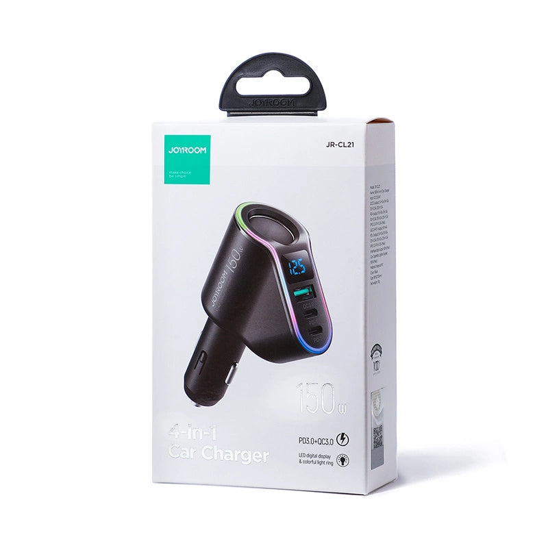 Auto-oplader Joyroom JR-CL21, 150W, 3A, 1 x Sigarettenaanstekeruitbreiding - 1 x USB-A - 2 x USB-C, Zwart