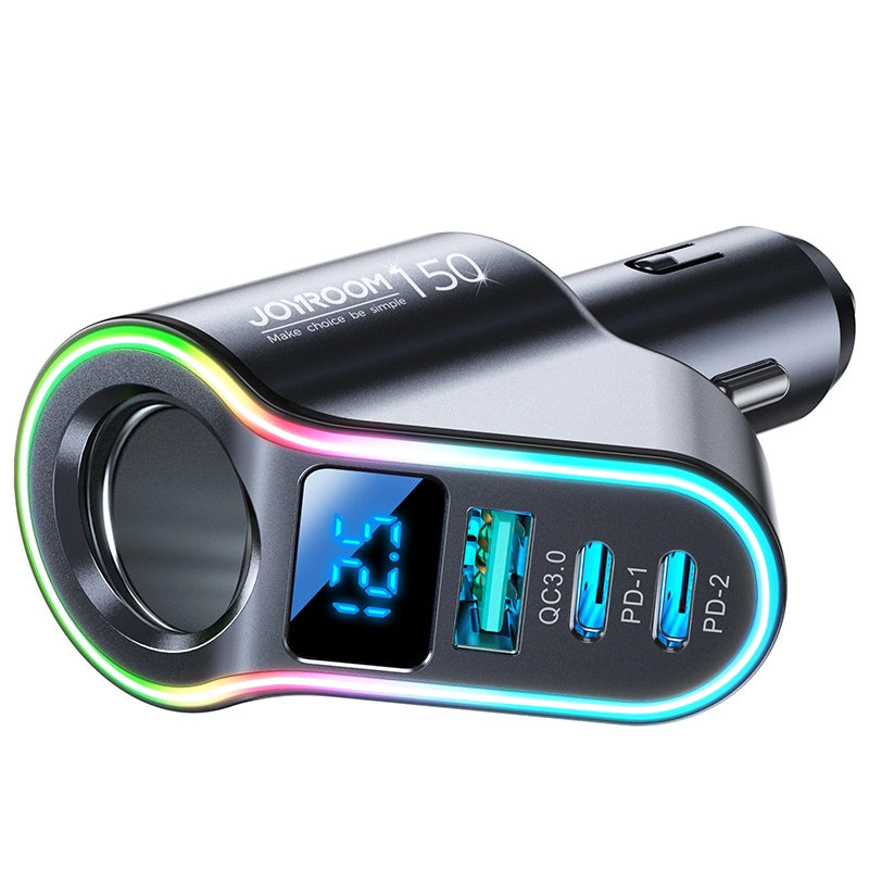 Auto-oplader Joyroom JR-CL21, 150W, 3A, 1 x Sigarettenaanstekeruitbreiding - 1 x USB-A - 2 x USB-C, Zwart