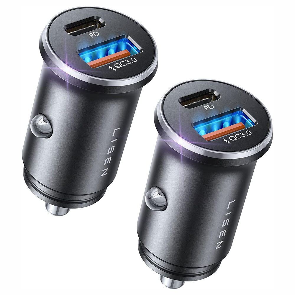 Auto-oplader Lisen, 36W, 3A, 1 x USB-A - 1 x USB-C, Set van 2 stuks, Zwart YL0223080038