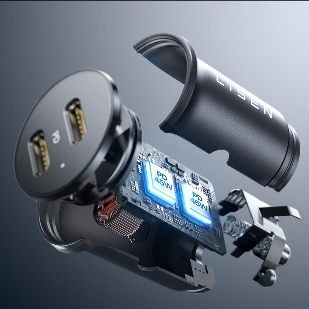 Autolader Lisen, 45W, 3A, 2 x USB-C, Zwart YL0223080007