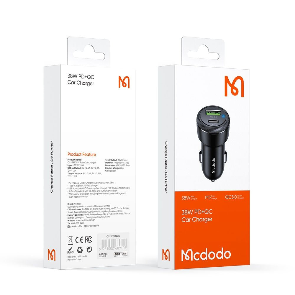 Auto-oplader McDodo CC-5970, 38W, 3A, 1 x USB-A - 1 x USB-C, Zwart