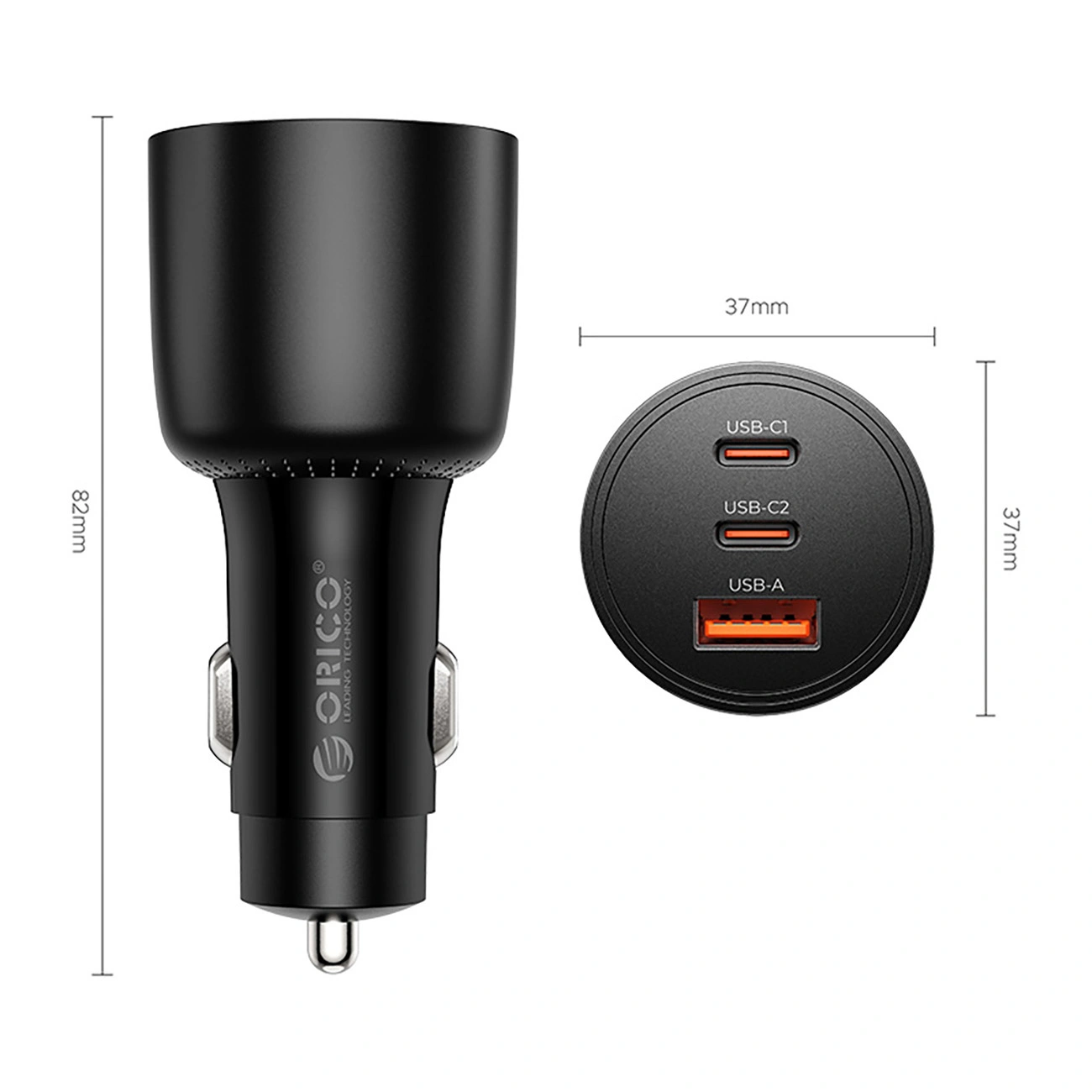 Orico PowerLink Autolader, 165W, 5A, 1 x USB-A - 2 x USB-C, Zwart